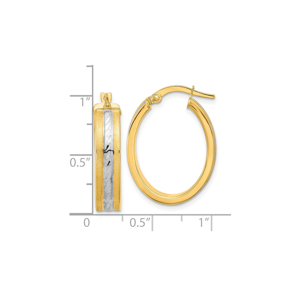 14k Yellow Gold Oval Hoop Earrings with Diamond Cut Rhodium Stripe, Two-Tone Polished Design