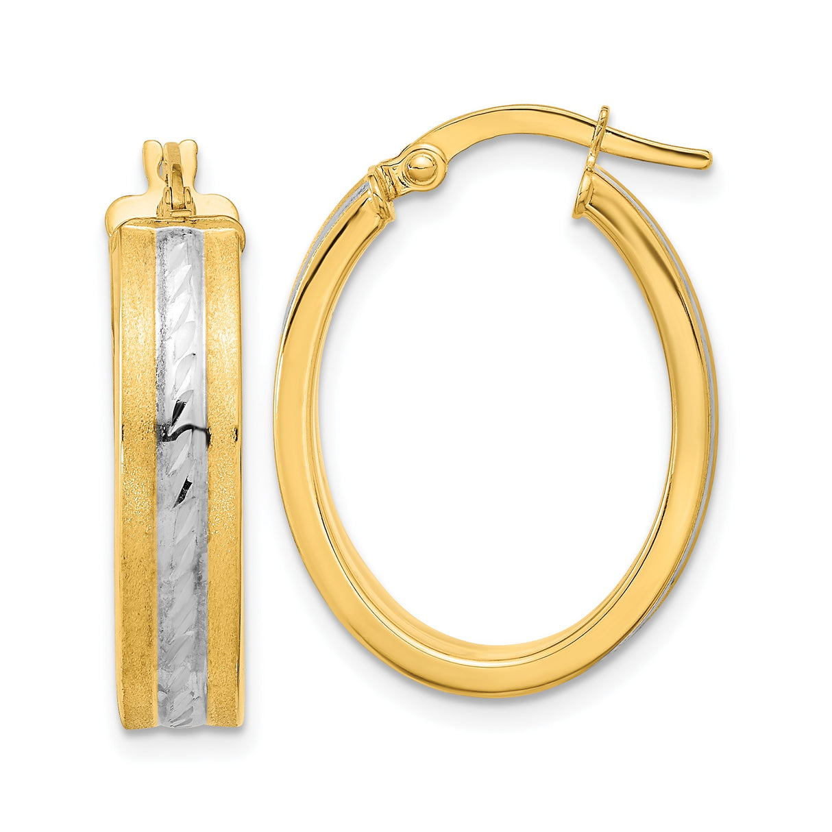 14k Yellow Gold Oval Hoop Earrings with Diamond Cut Rhodium Stripe, Two-Tone Polished Design