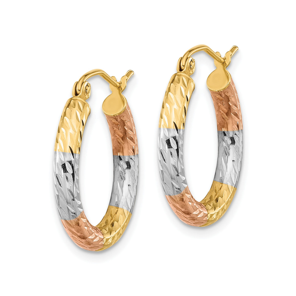 14k Tri-Color Gold Hoop Earrings with Diamond Cut Textured Design, Lightweight Polished Finish