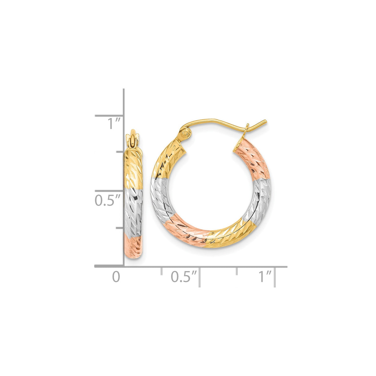 14k Tri-Color Gold Hoop Earrings with Diamond Cut Textured Design, Lightweight Polished Finish