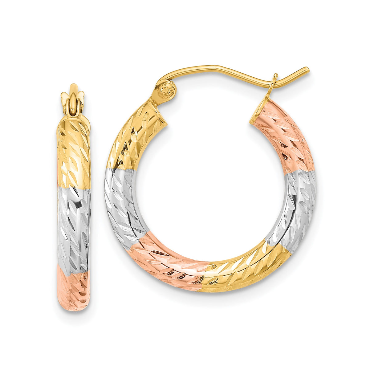 14k Tri-Color Gold Hoop Earrings with Diamond Cut Textured Design, Lightweight Polished Finish