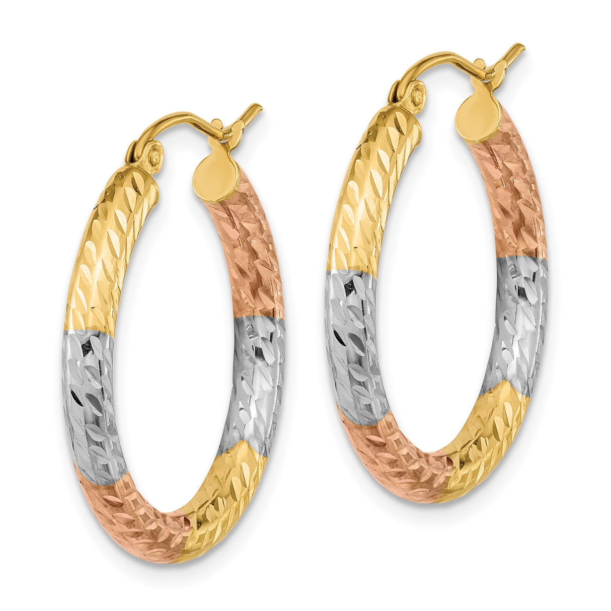 14k Tri-Color Gold Hoop Earrings, Diamond-Cut Textured Rose White Yellow Design