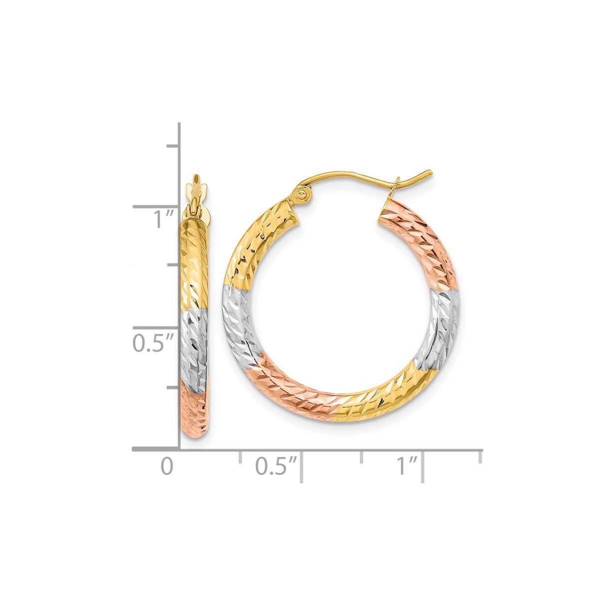 14k Tri-Color Gold Hoop Earrings, Diamond-Cut Textured Rose White Yellow Design