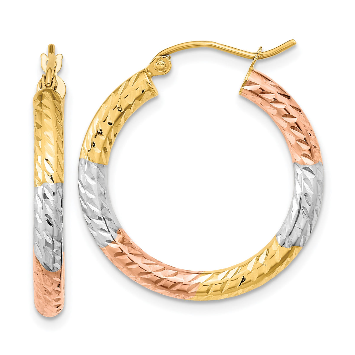 14k Tri-Color Gold Hoop Earrings, Diamond-Cut Textured Rose White Yellow Design