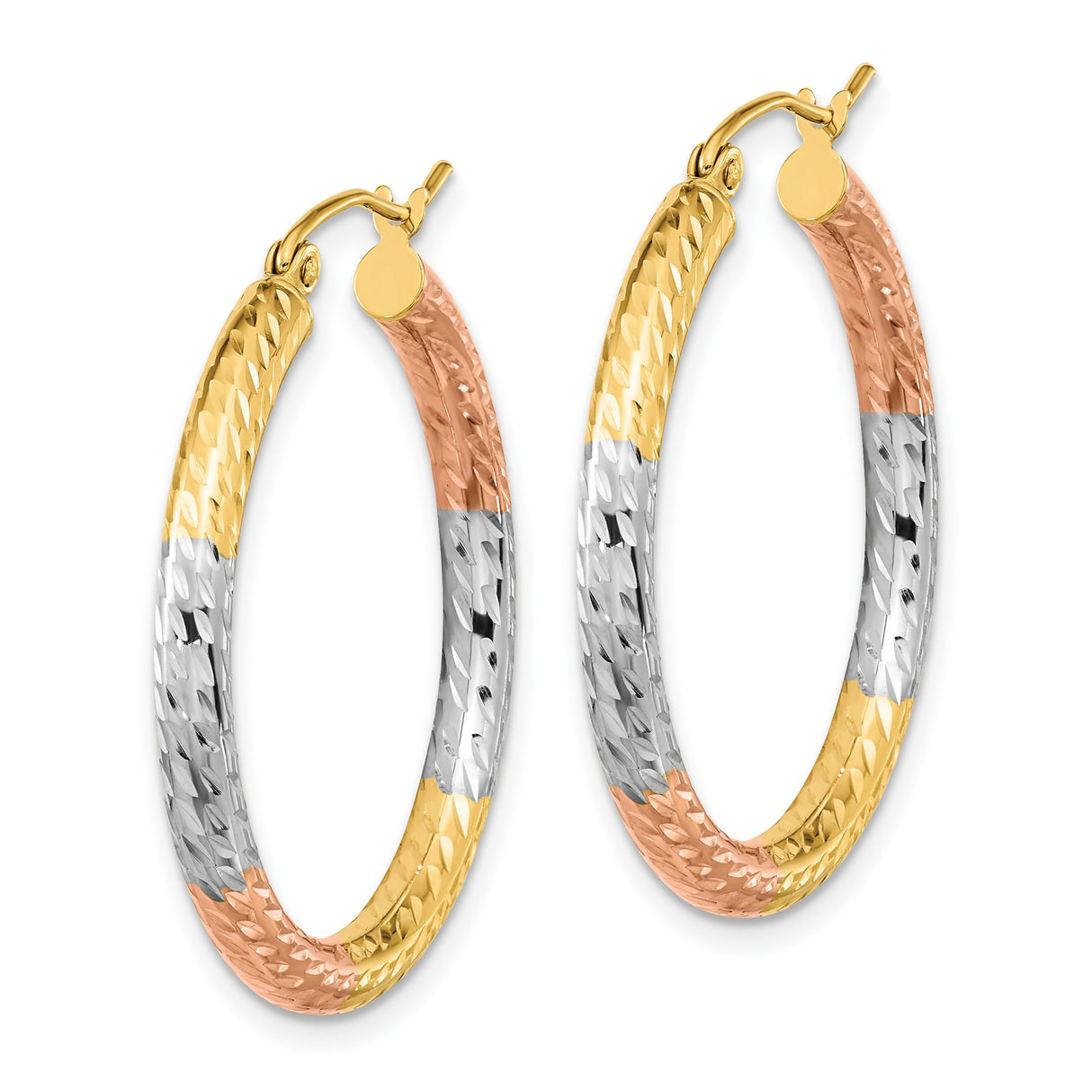 14k Yellow Gold Hoop Earrings with Diamond-Cut Finish, Textured Tri-Color Design for Women