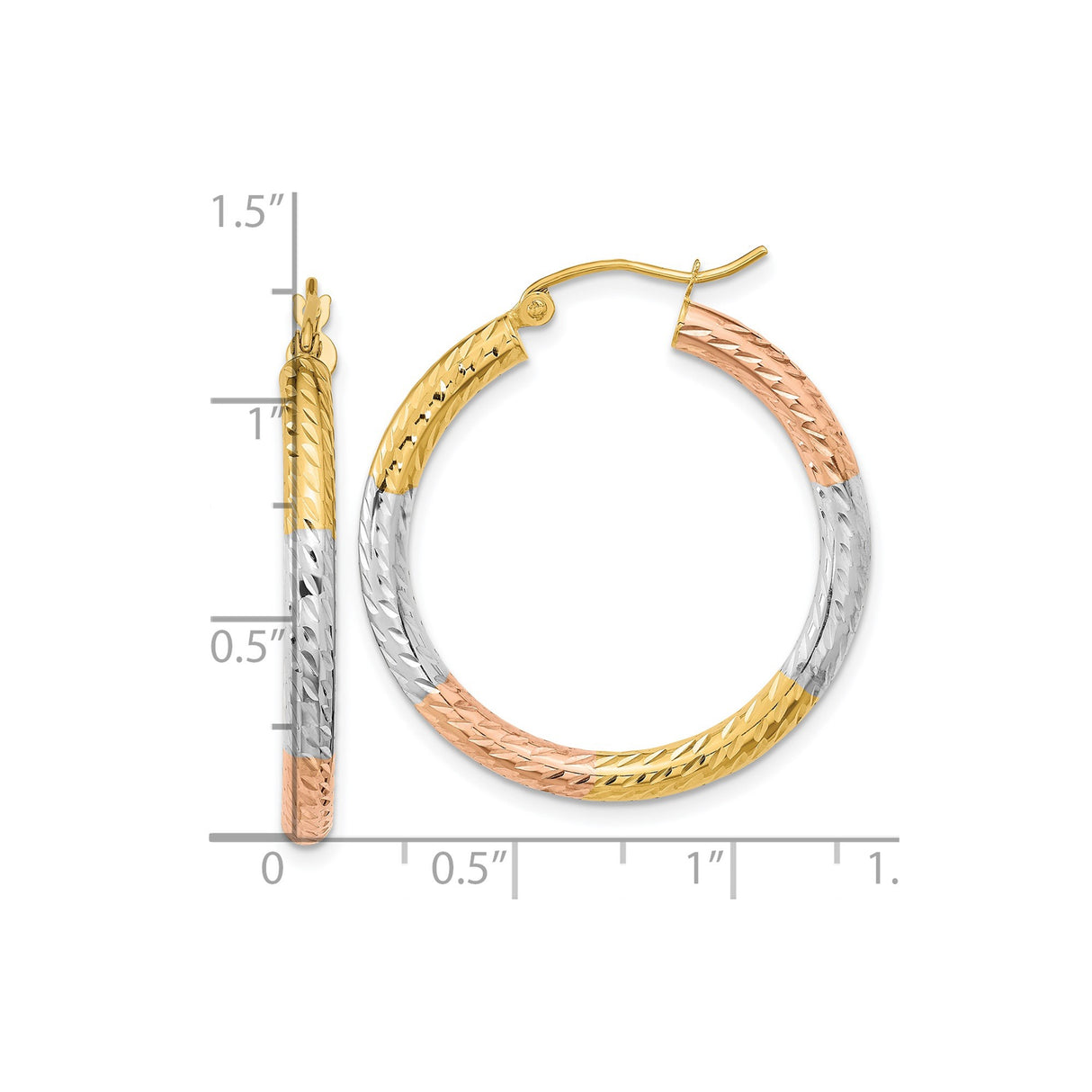14k Yellow Gold Hoop Earrings with Diamond-Cut Finish, Textured Tri-Color Design for Women