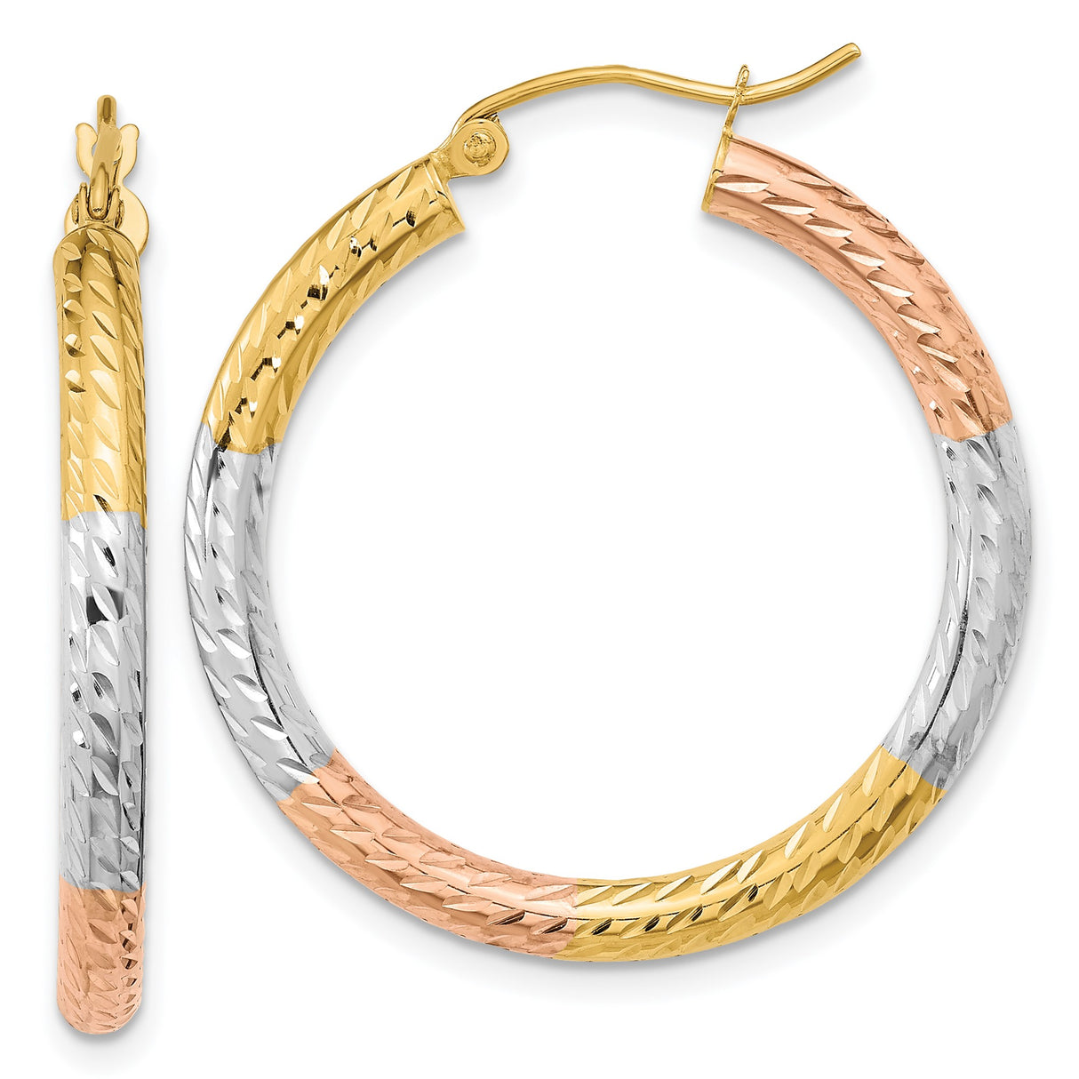 14k Yellow Gold Hoop Earrings with Diamond-Cut Finish, Textured Tri-Color Design for Women