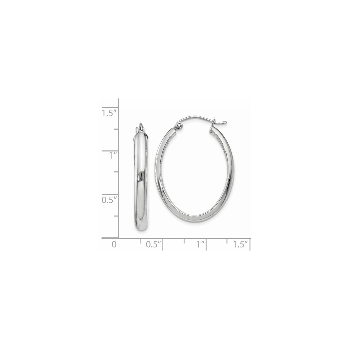 14k White Gold Oval Hoop Earrings, Lightweight Polished Tube Hoops with Latch Back Closure