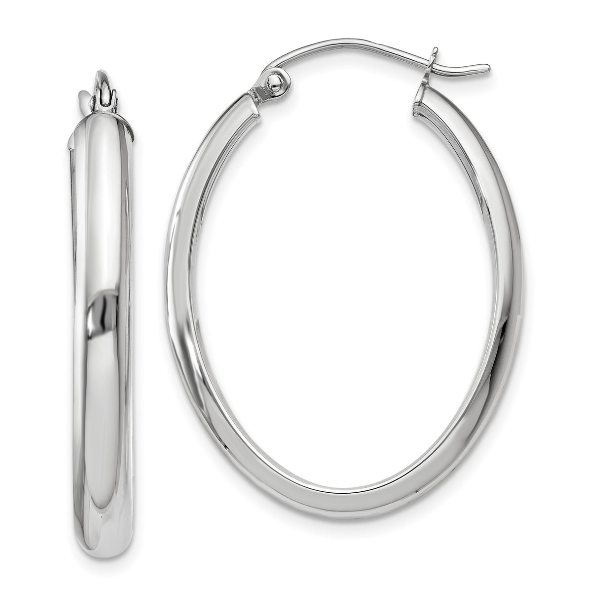 14k White Gold Oval Hoop Earrings, Lightweight Polished Tube Hoops with Latch Back Closure