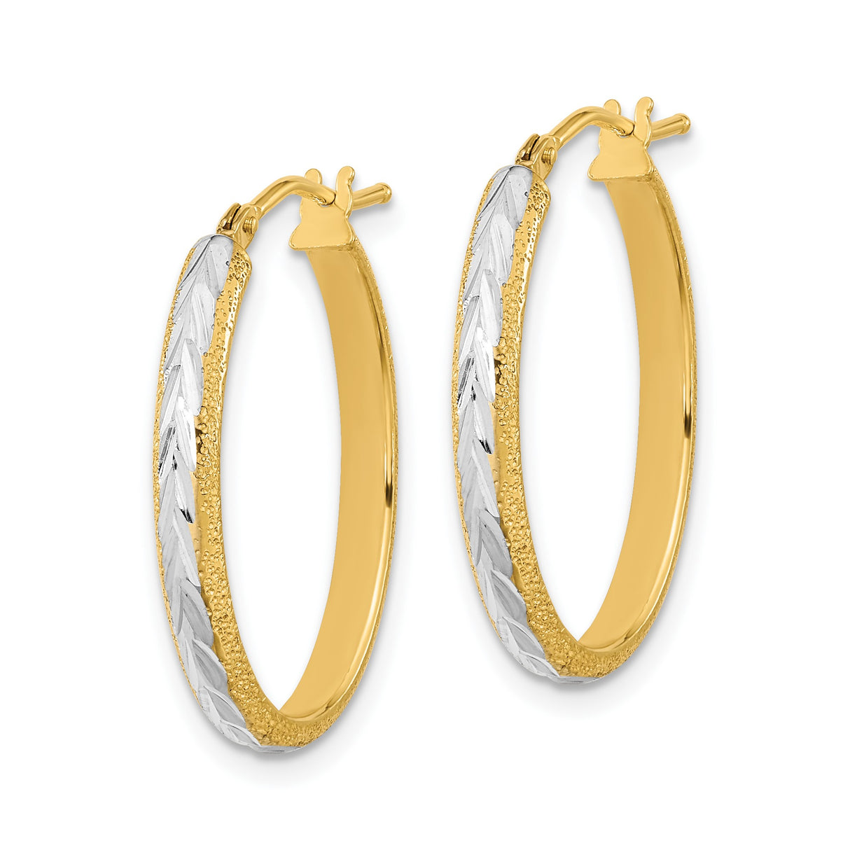 14k Yellow Gold Hoop Earrings with Rhodium Two-Tone Diamond Cut Chevron Pattern