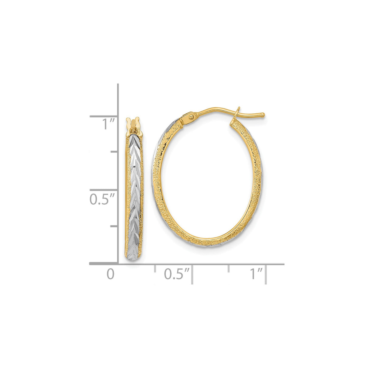 14k Yellow Gold Hoop Earrings with Rhodium Two-Tone Diamond Cut Chevron Pattern