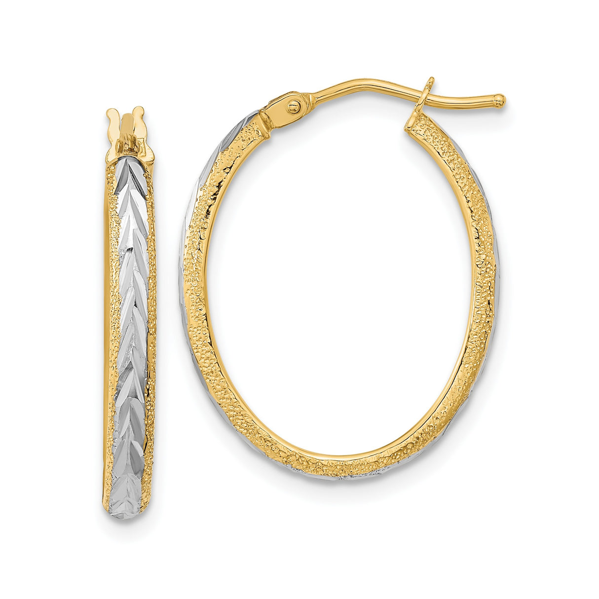 14k Yellow Gold Hoop Earrings with Rhodium Two-Tone Diamond Cut Chevron Pattern