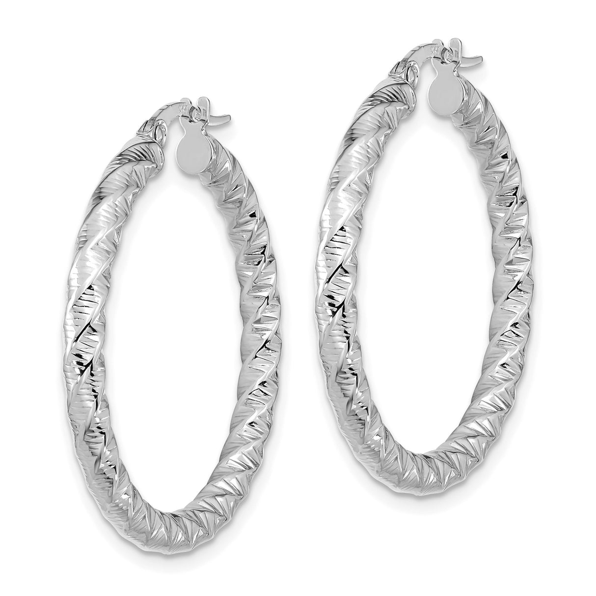 14k White Gold Twisted Hoop Earrings with Diamond-Cut Texture, Polished Finish, Lightweight Design