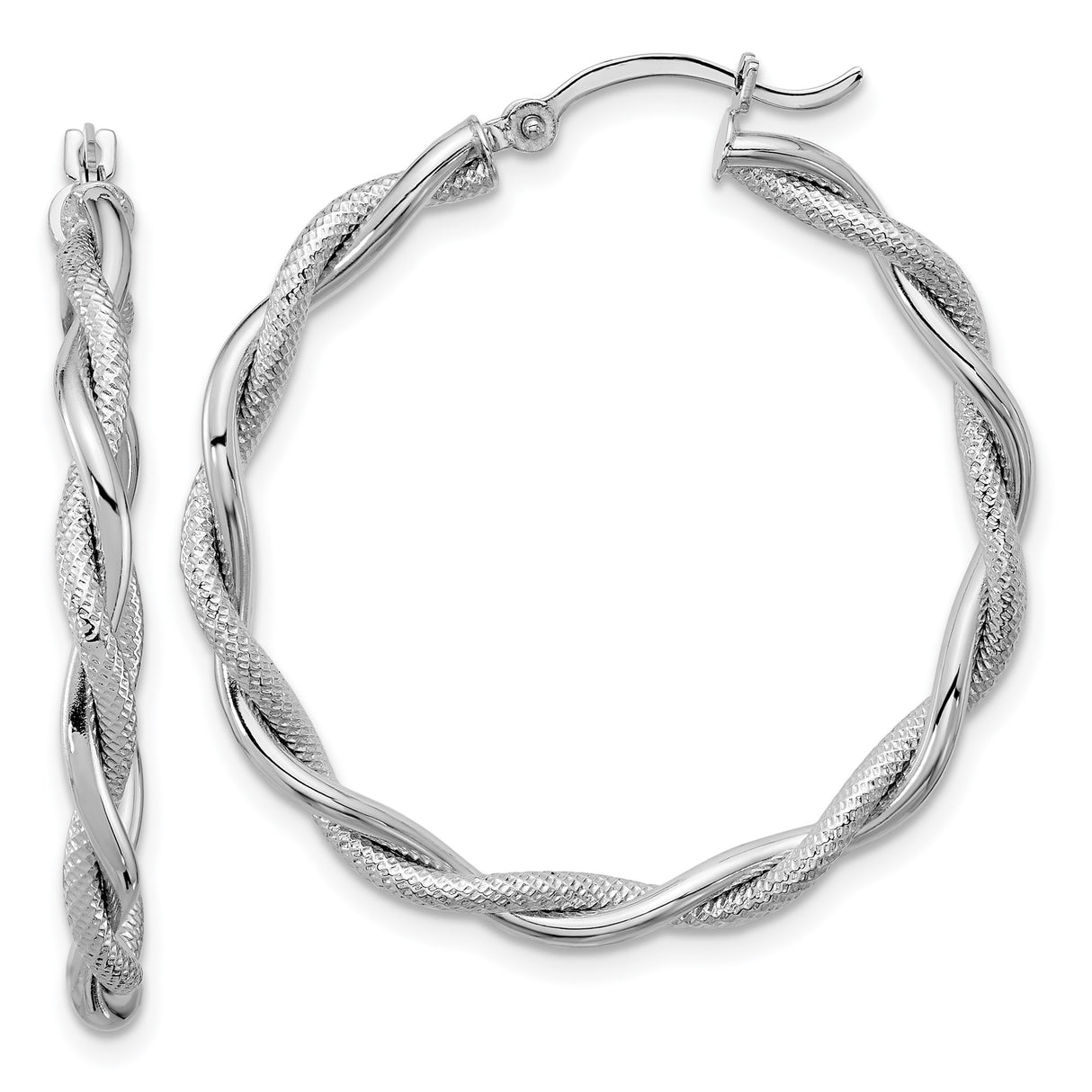 14k White Gold Twisted Hoop Earrings with Polished and Textured Interwoven Design