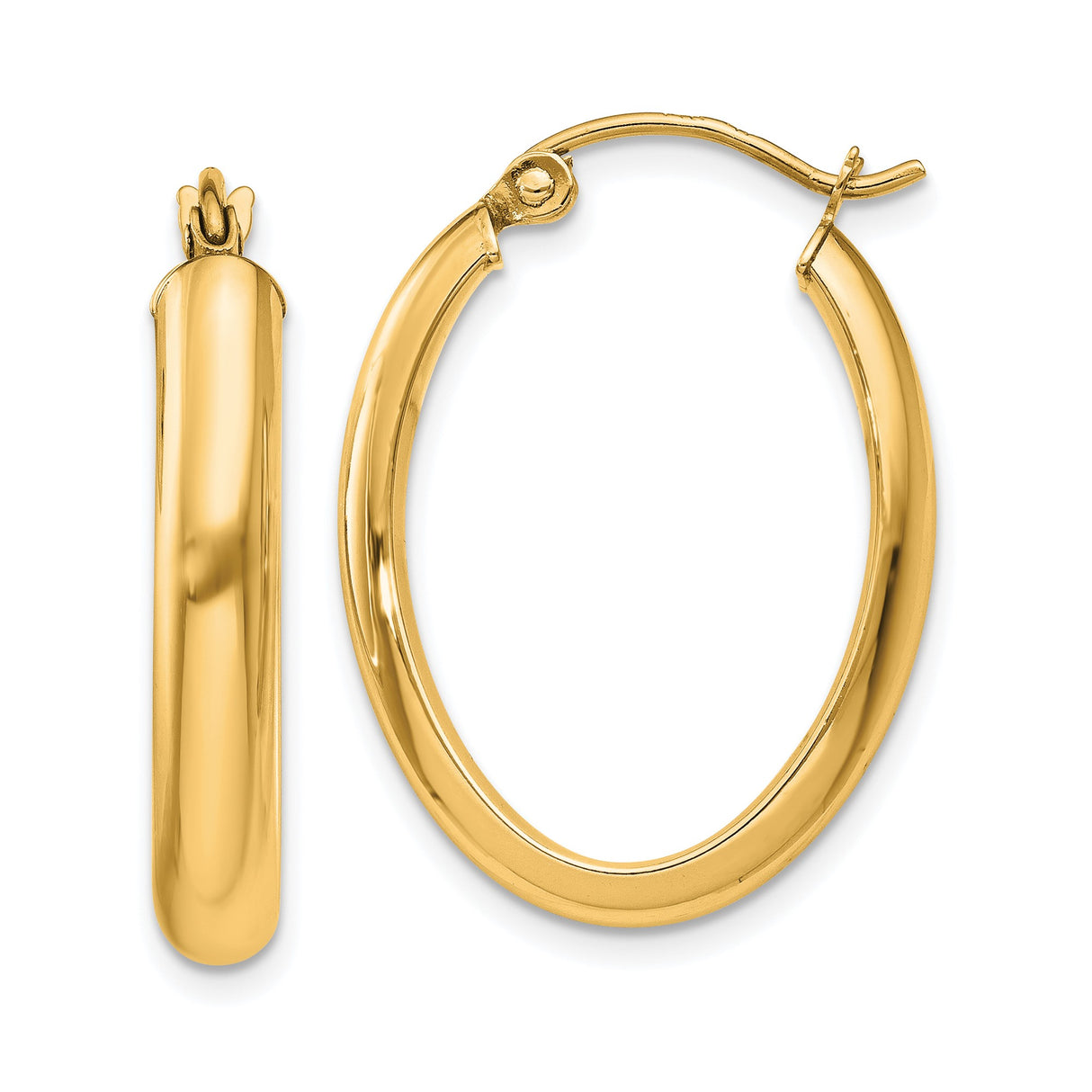 14k Yellow Gold Hoop Earrings, Oval Tube Shape with Smooth Finish and Hinged Clasp