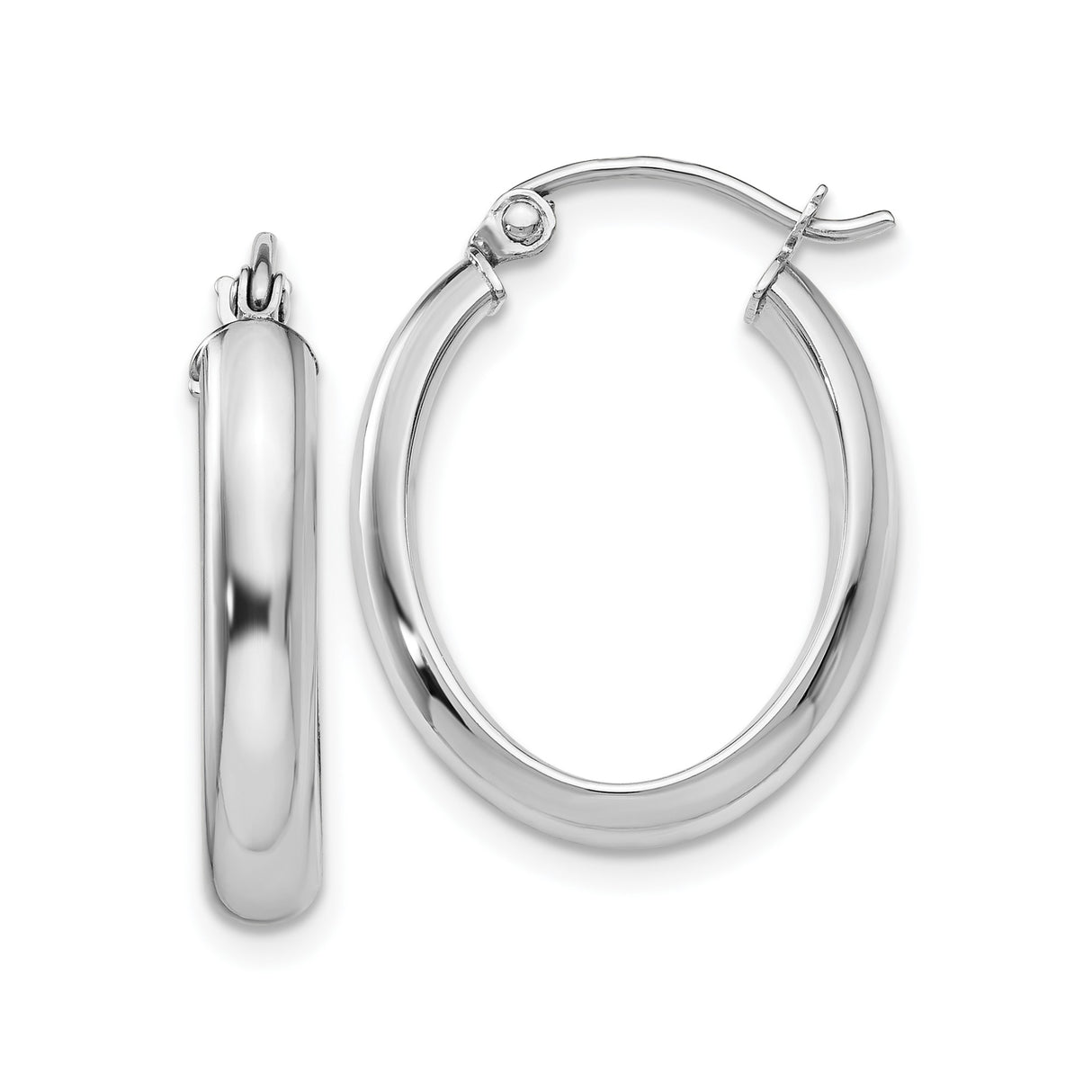 14k White Gold Oval Hoop Earrings, Polished Finish, Classic Medium Tube Hoops with Latch Back