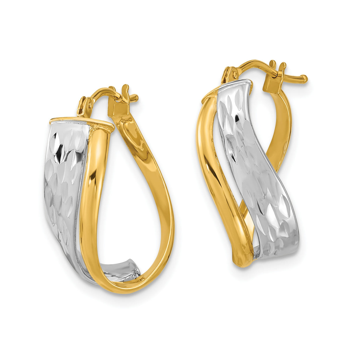 14k Yellow Gold Twisted Hoop Earrings with Diamond-Cut White Gold Accents for Women