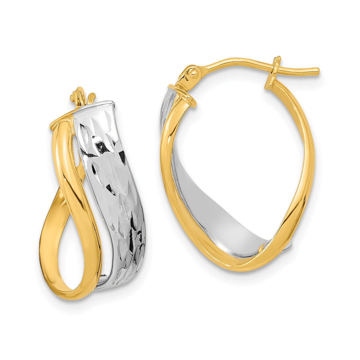 14k Yellow Gold Twisted Hoop Earrings with Diamond-Cut White Gold Accents for Women