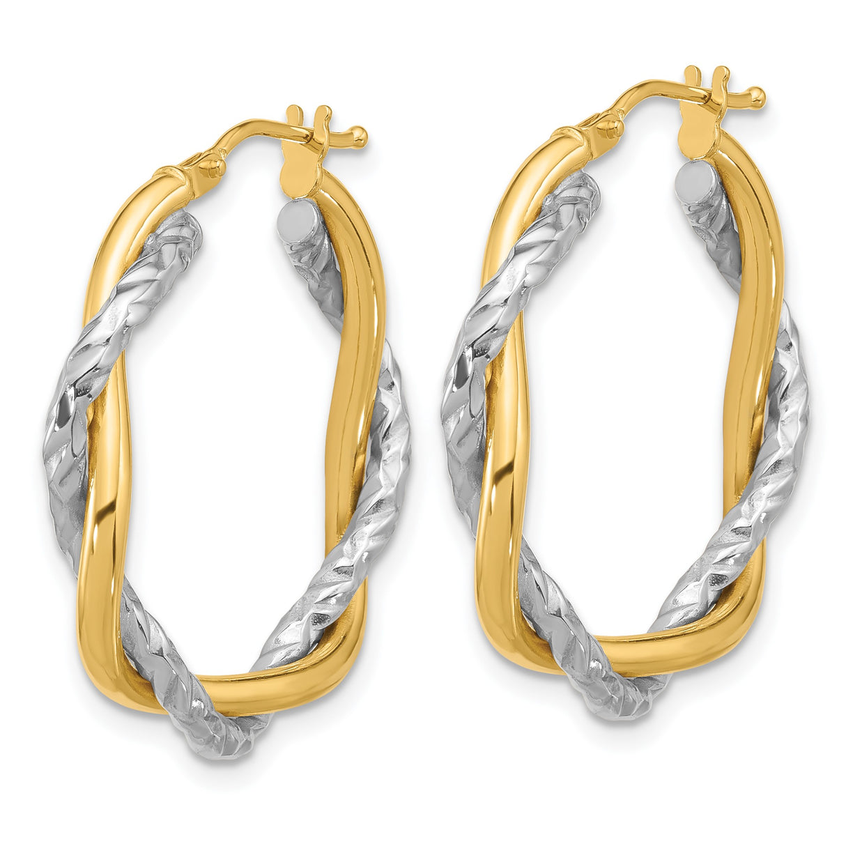 14k Yellow Gold Hoop Earrings, Twisted Interwoven Polished and Textured Two-Tone Design