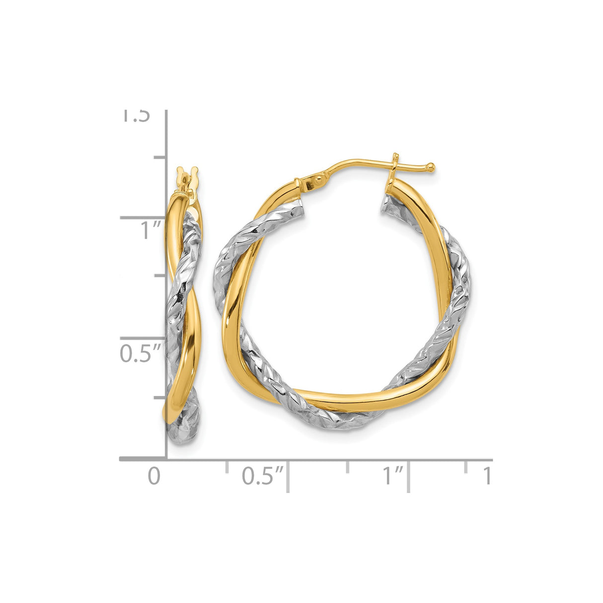 14k Yellow Gold Hoop Earrings, Twisted Interwoven Polished and Textured Two-Tone Design
