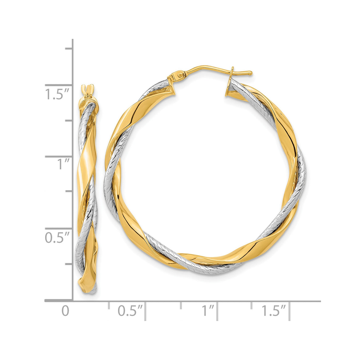 14k Yellow and White Gold Twisted Hoop Earrings, Interwoven Two-Tone Design, Polished Finish