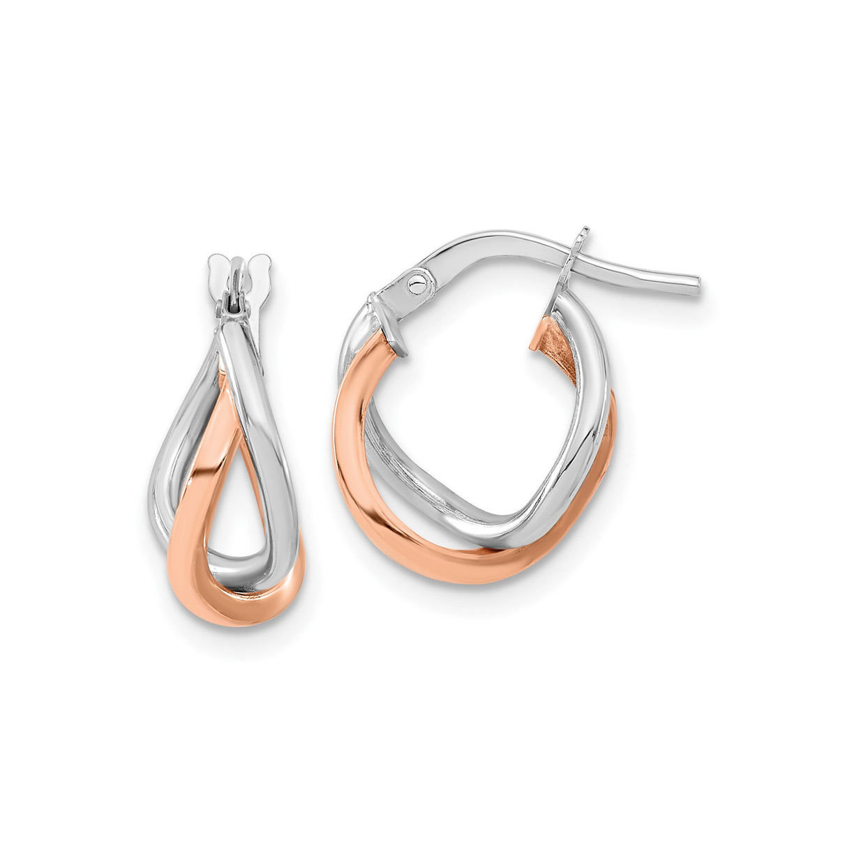 14k Two-Tone Gold Twisted Hoop Earrings with Rose and White Gold Strands