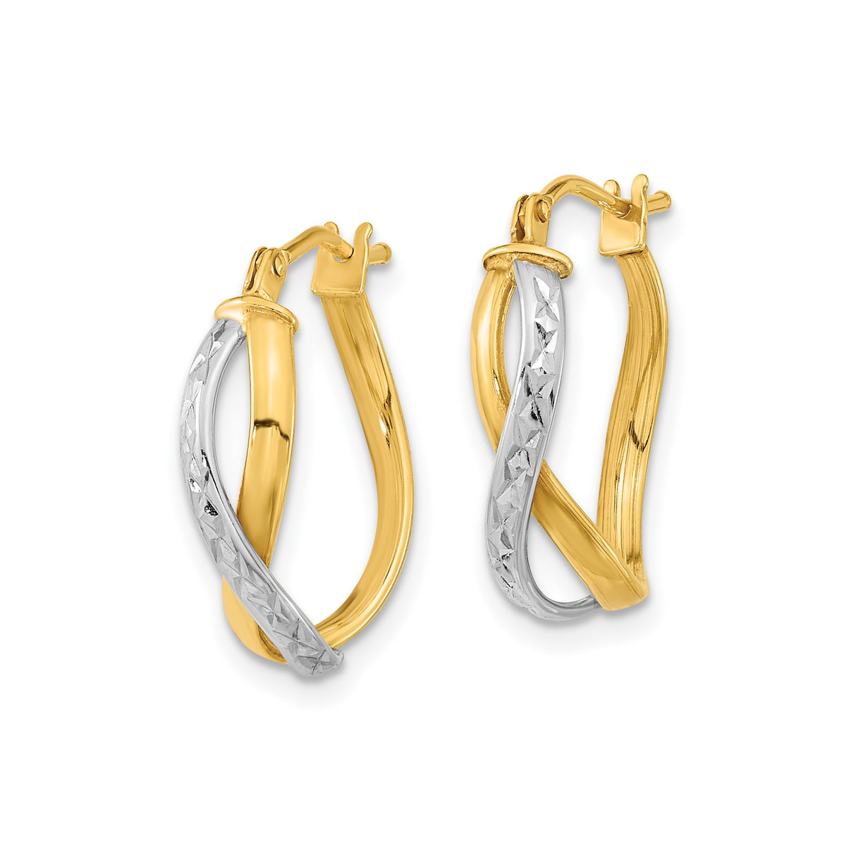 14k Two-Tone Gold Hoop Earrings with Twisted Design and Diamond-Cut Accents for Women