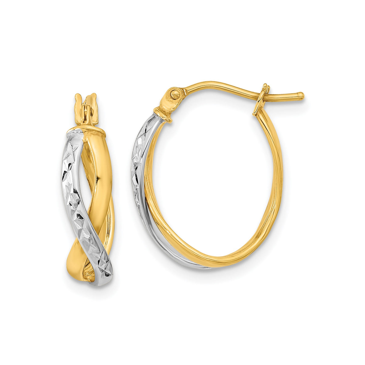 14k Two-Tone Gold Hoop Earrings with Twisted Design and Diamond-Cut Accents for Women