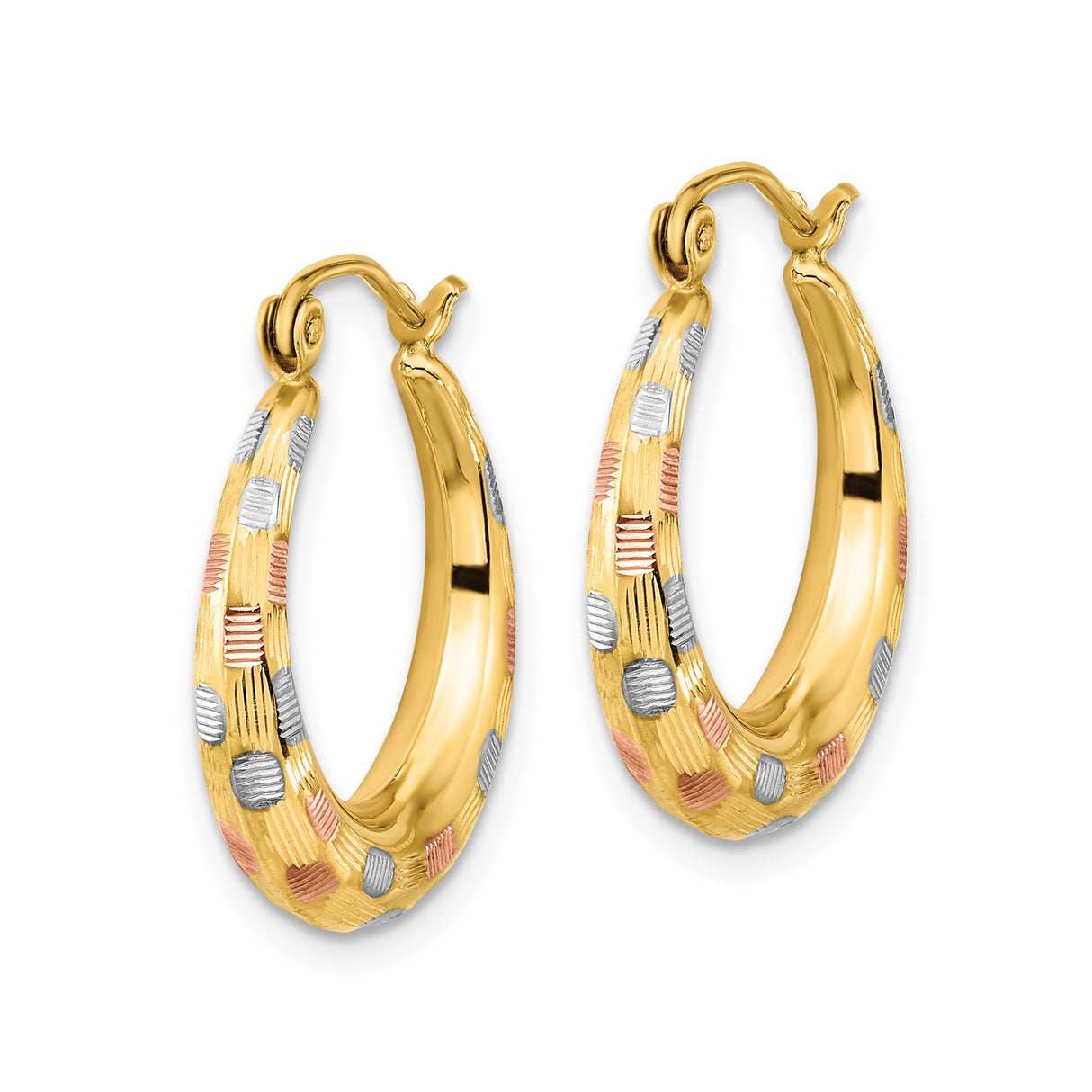 14k Yellow Gold Hoop Earrings, Tricolor Textured Design with Rhodium and Rose Gold Accents