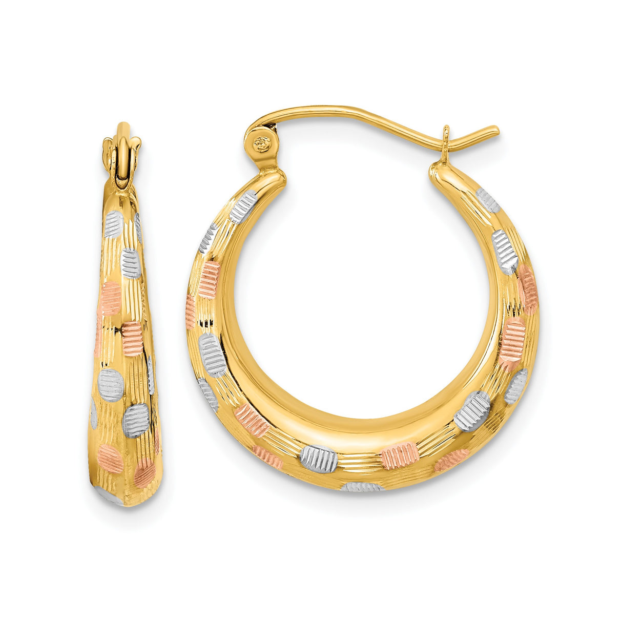 14k Yellow Gold Hoop Earrings, Tricolor Textured Design with Rhodium and Rose Gold Accents