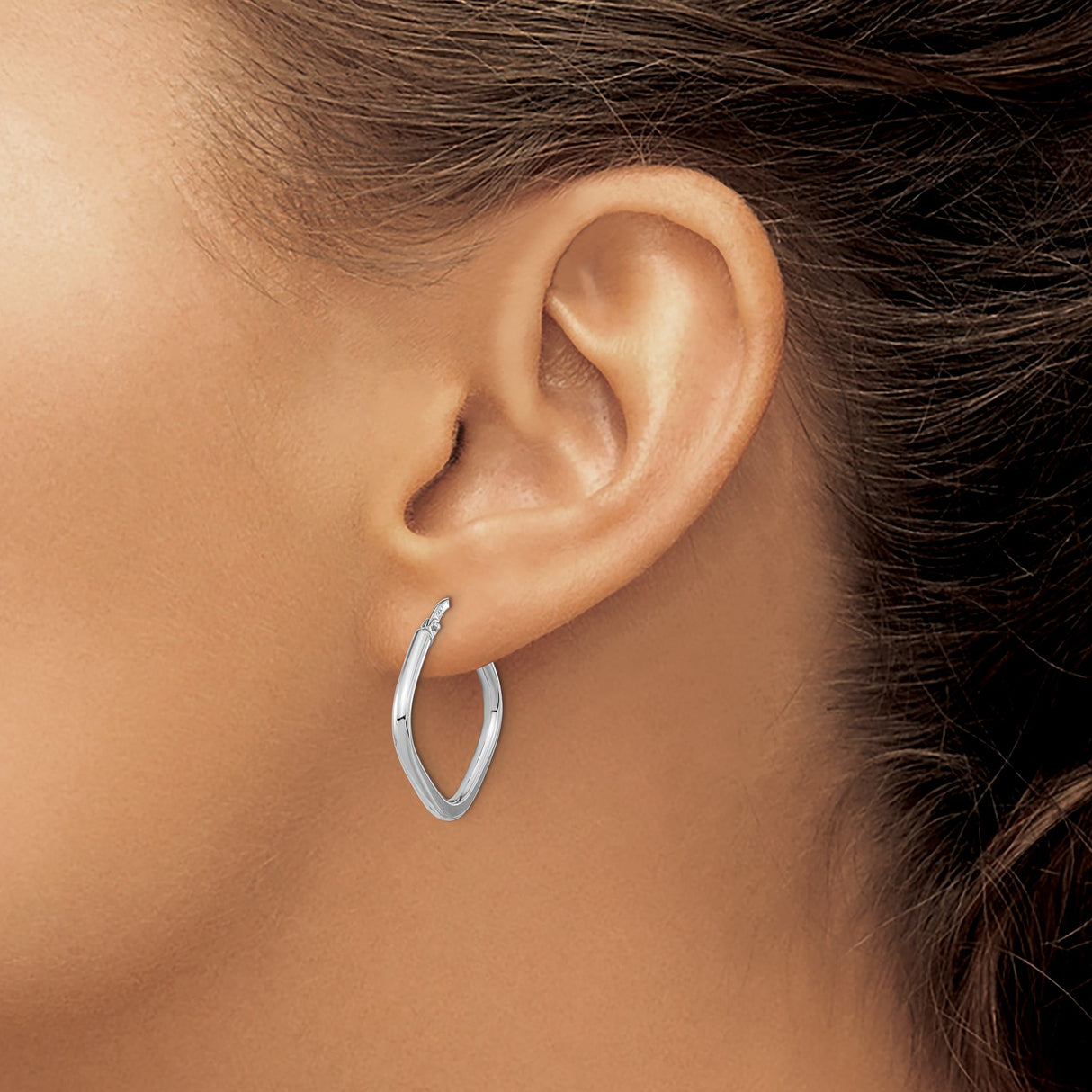 14k White Gold Twisted Square Hoop Earrings, Lightweight Polished Minimalist Design