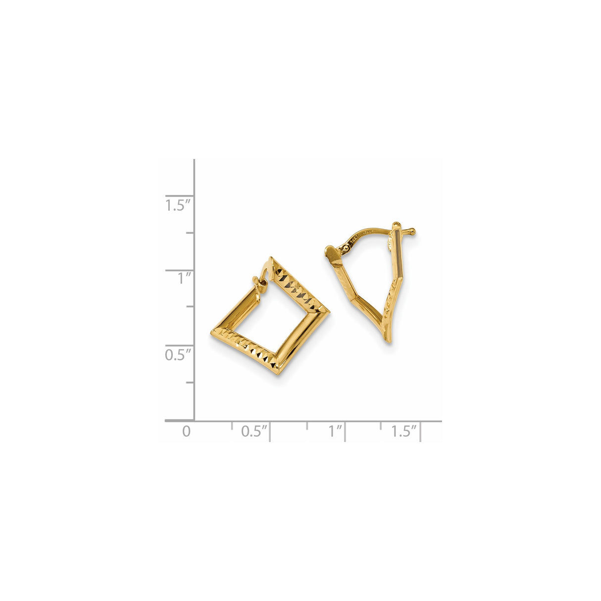 14k Yellow Gold Square Hoop Earrings, Diamond-Cut Geometric Design, Textured Lightweight Style