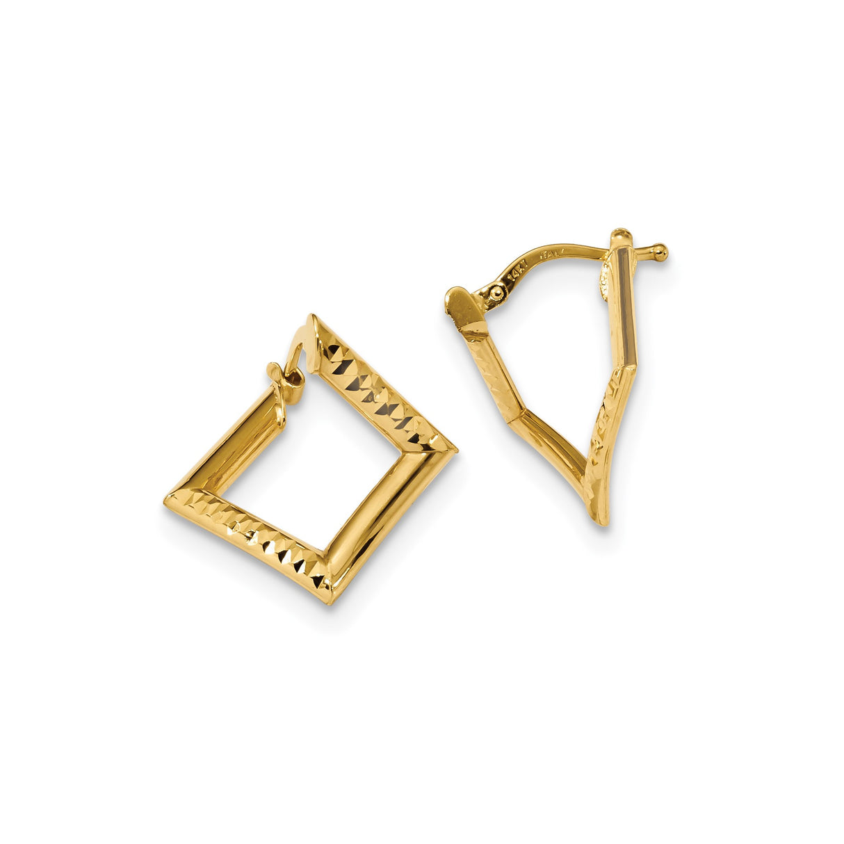 14k Yellow Gold Square Hoop Earrings, Diamond-Cut Geometric Design, Textured Lightweight Style