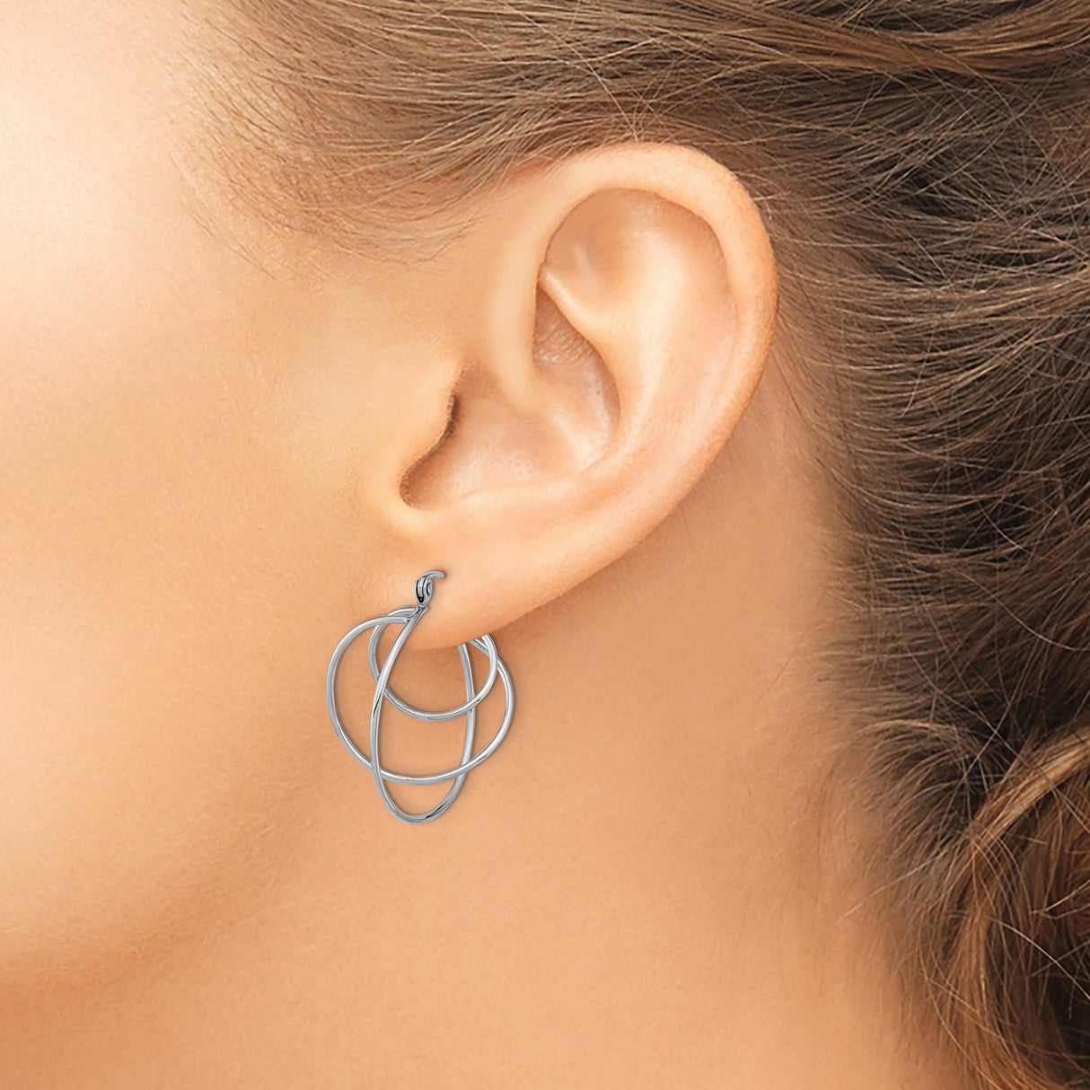 14k White Gold Geometric Hoop Earrings with Open Circle and V-Shaped Design for Women