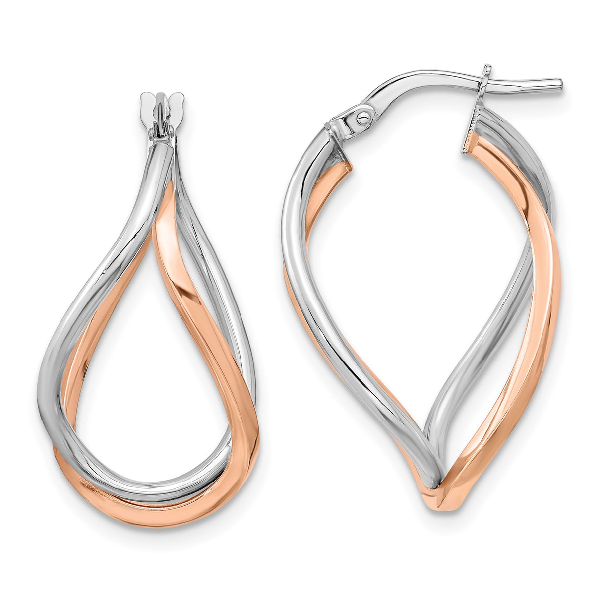 14k Yellow Gold Teardrop Twist Hoop Earrings, Two-Tone Rhodium Finish, Lightweight Modern Design