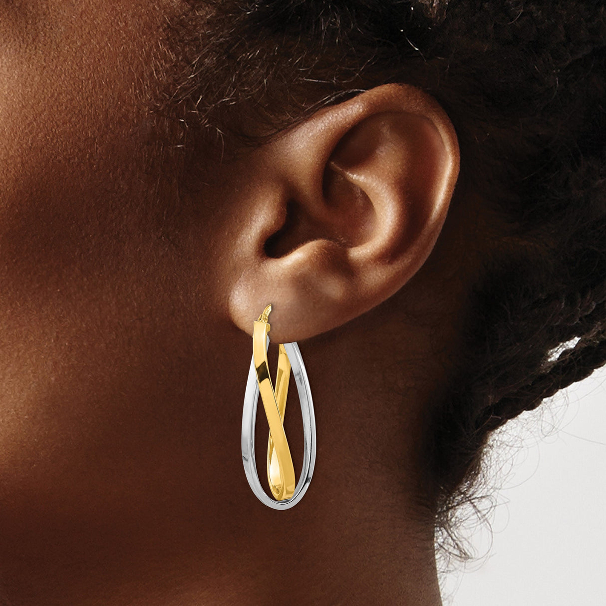 14k Two-Tone Gold Twisted Hoop Earrings with White and Yellow Gold Crossover Design