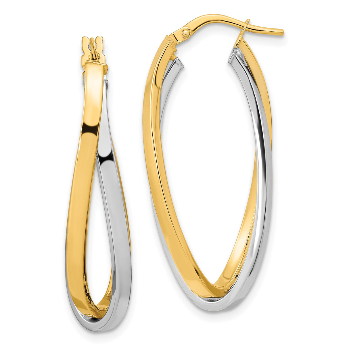 14k Two-Tone Gold Twisted Hoop Earrings with White and Yellow Gold Crossover Design