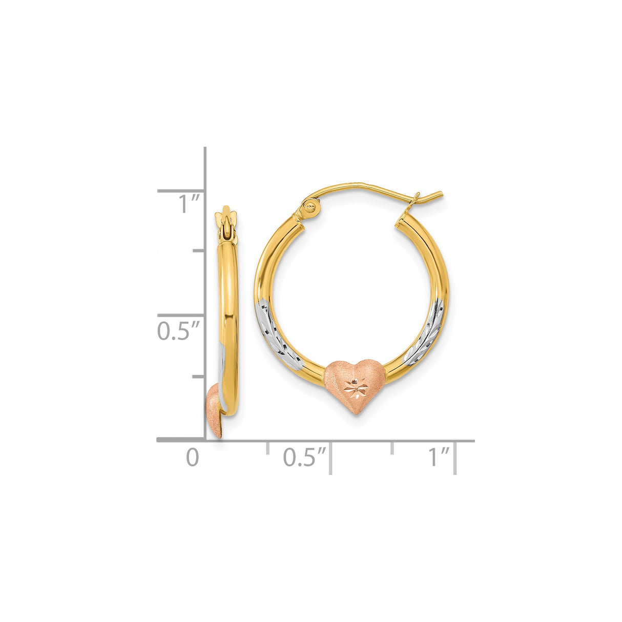 14k Two-Tone Gold Hoop Earrings with Rose Gold Heart and Starburst Design