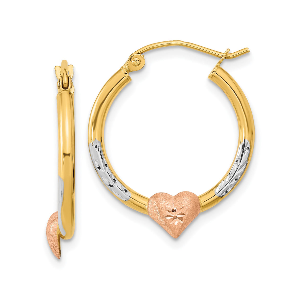 14k Two-Tone Gold Hoop Earrings with Rose Gold Heart and Starburst Design