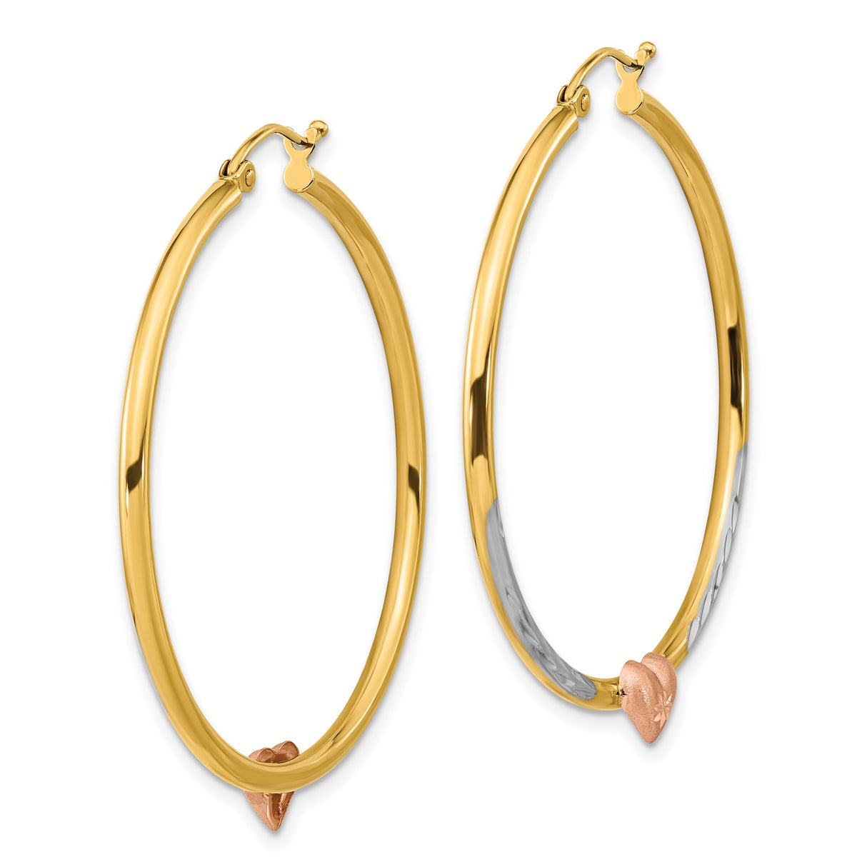 14k Yellow Gold Hoop Earrings with Rose Heart Accent and White Gold Diamond Cut Design