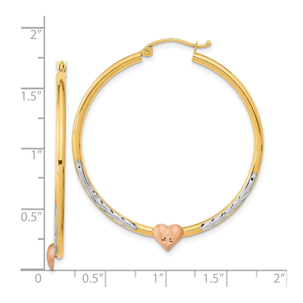 14k Yellow Gold Hoop Earrings with Rose Heart Accent and White Gold Diamond Cut Design