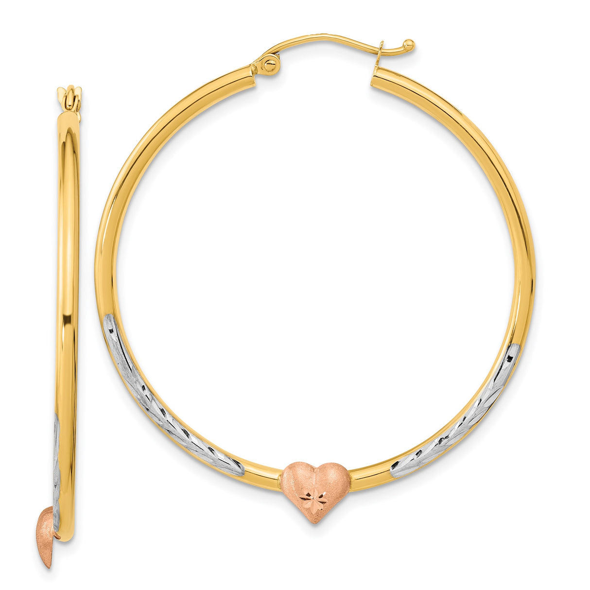 14k Yellow Gold Hoop Earrings with Rose Heart Accent and White Gold Diamond Cut Design