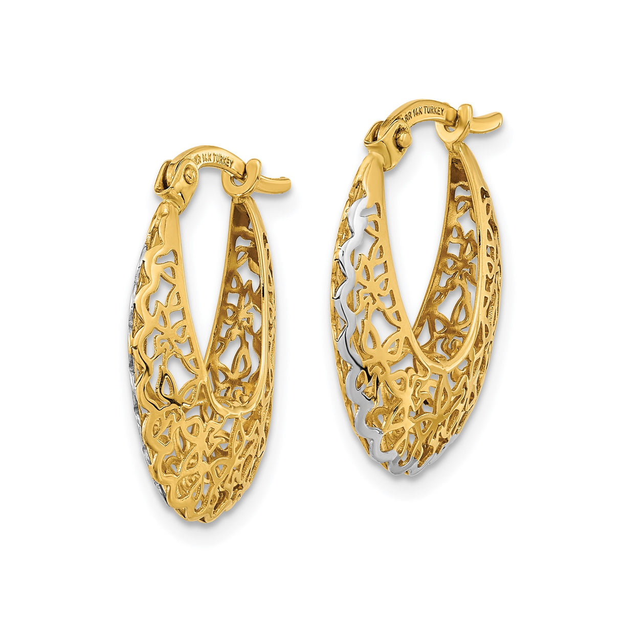 14k Yellow Gold Hoop Earrings with Butterfly Floral Filigree Openwork Design for Women