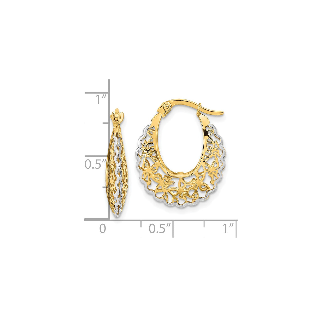 14k Yellow Gold Hoop Earrings with Butterfly Floral Filigree Openwork Design for Women