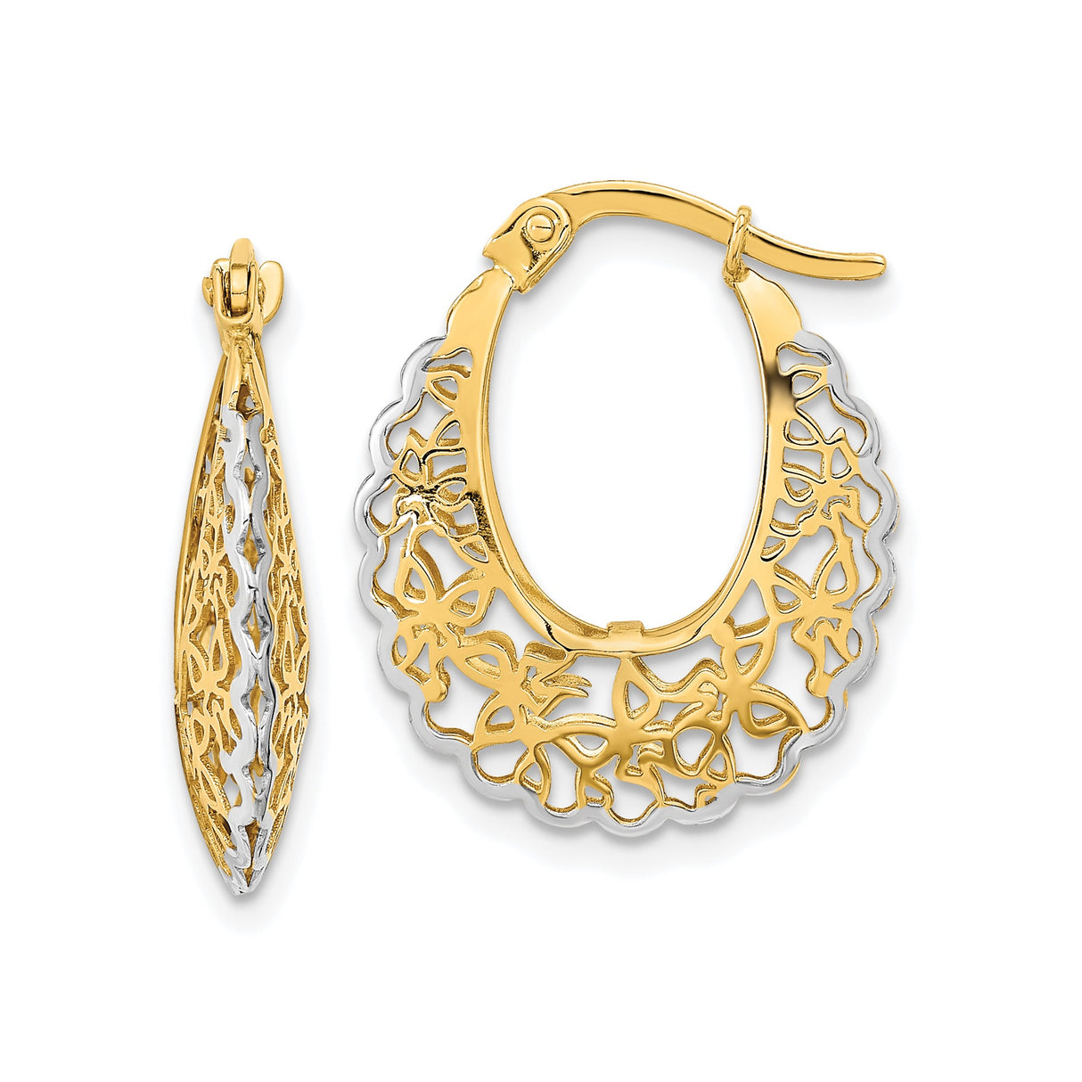 14k Yellow Gold Hoop Earrings with Butterfly Floral Filigree Openwork Design for Women