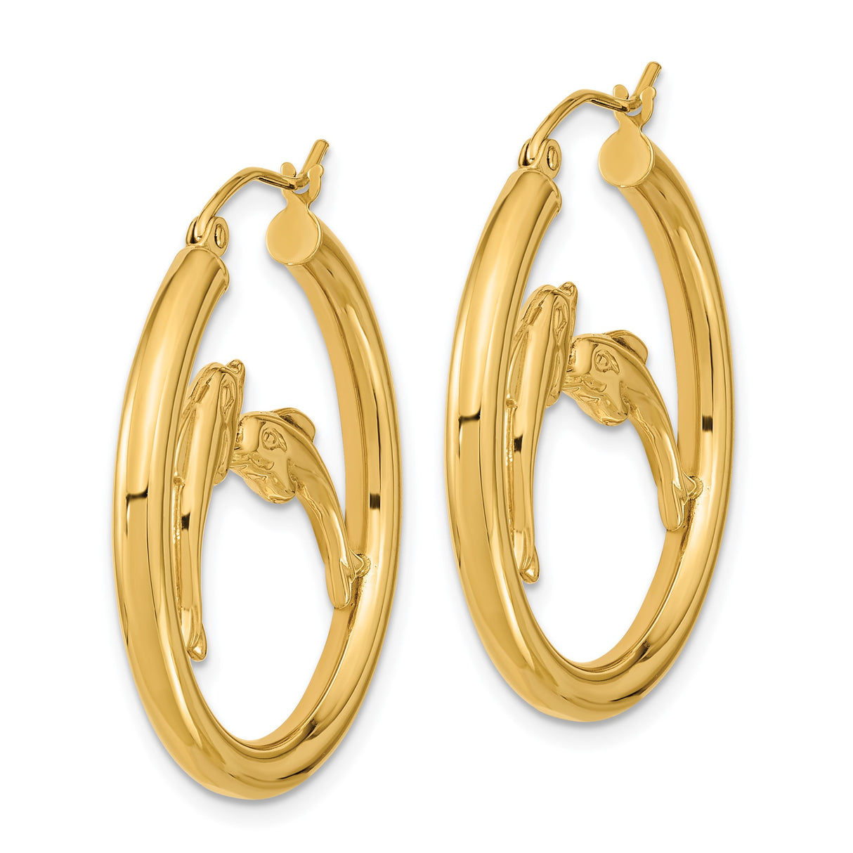 14k Yellow Gold Dolphin Hoop Earrings, Lightweight Twin Dolphin Marine Life Design