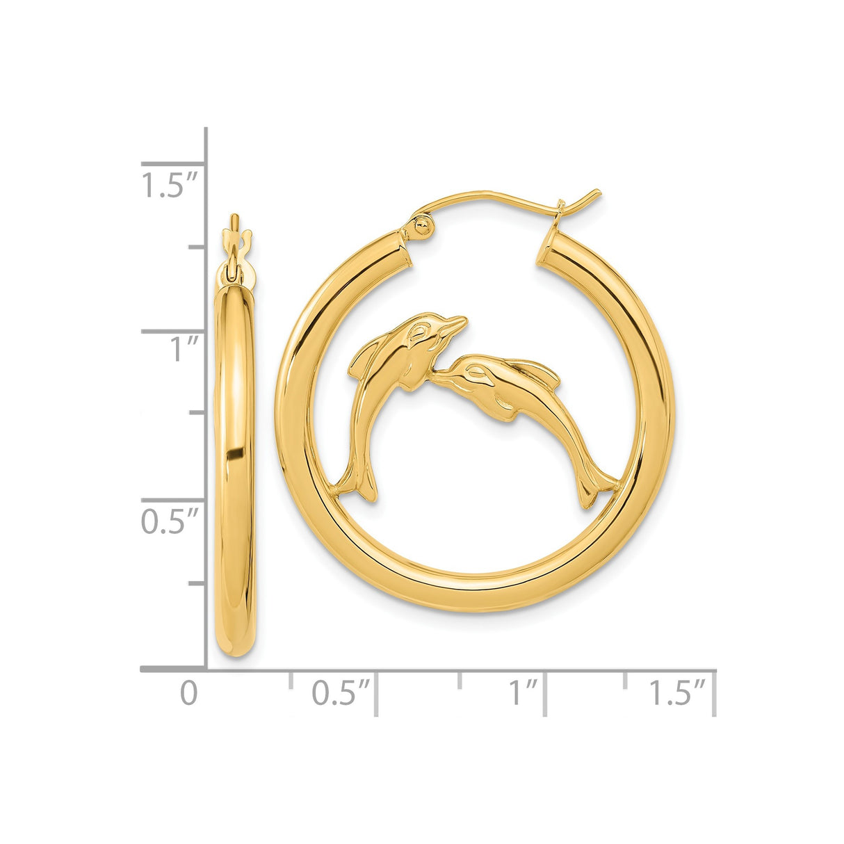 14k Yellow Gold Dolphin Hoop Earrings, Lightweight Twin Dolphin Marine Life Design