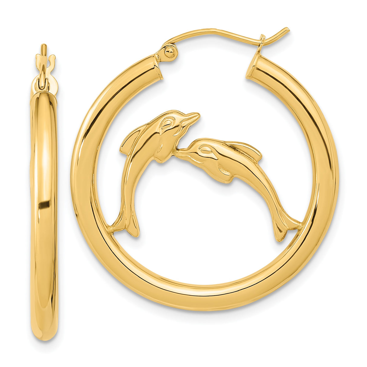 14k Yellow Gold Dolphin Hoop Earrings, Lightweight Twin Dolphin Marine Life Design