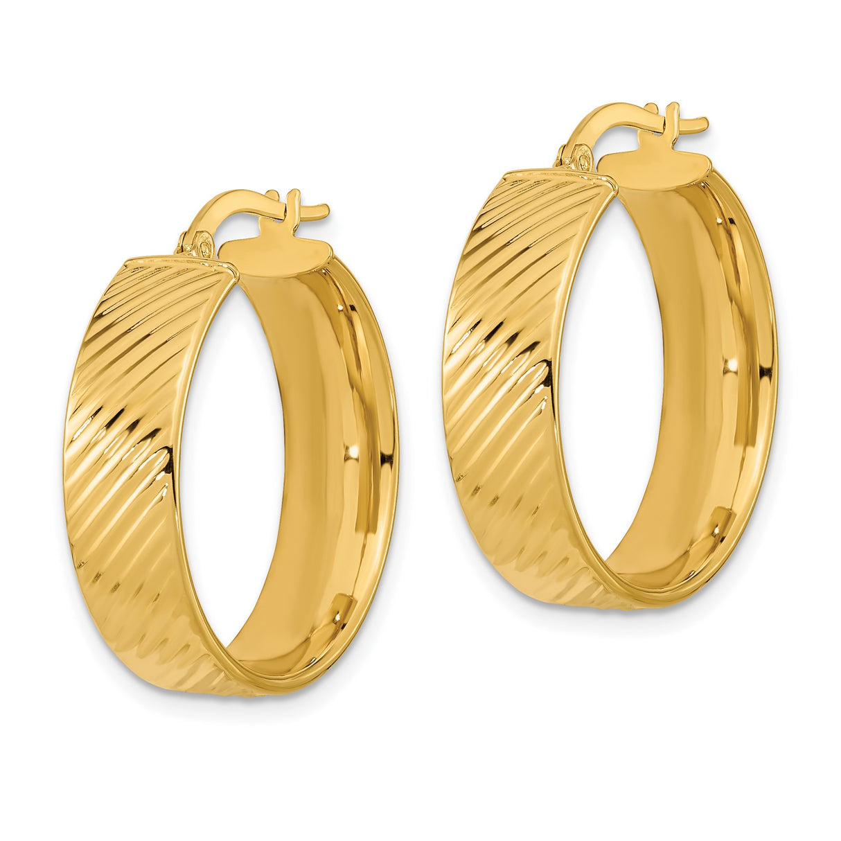 14k Yellow Gold Hoop Earrings, Lightweight Textured Diagonal Line Design