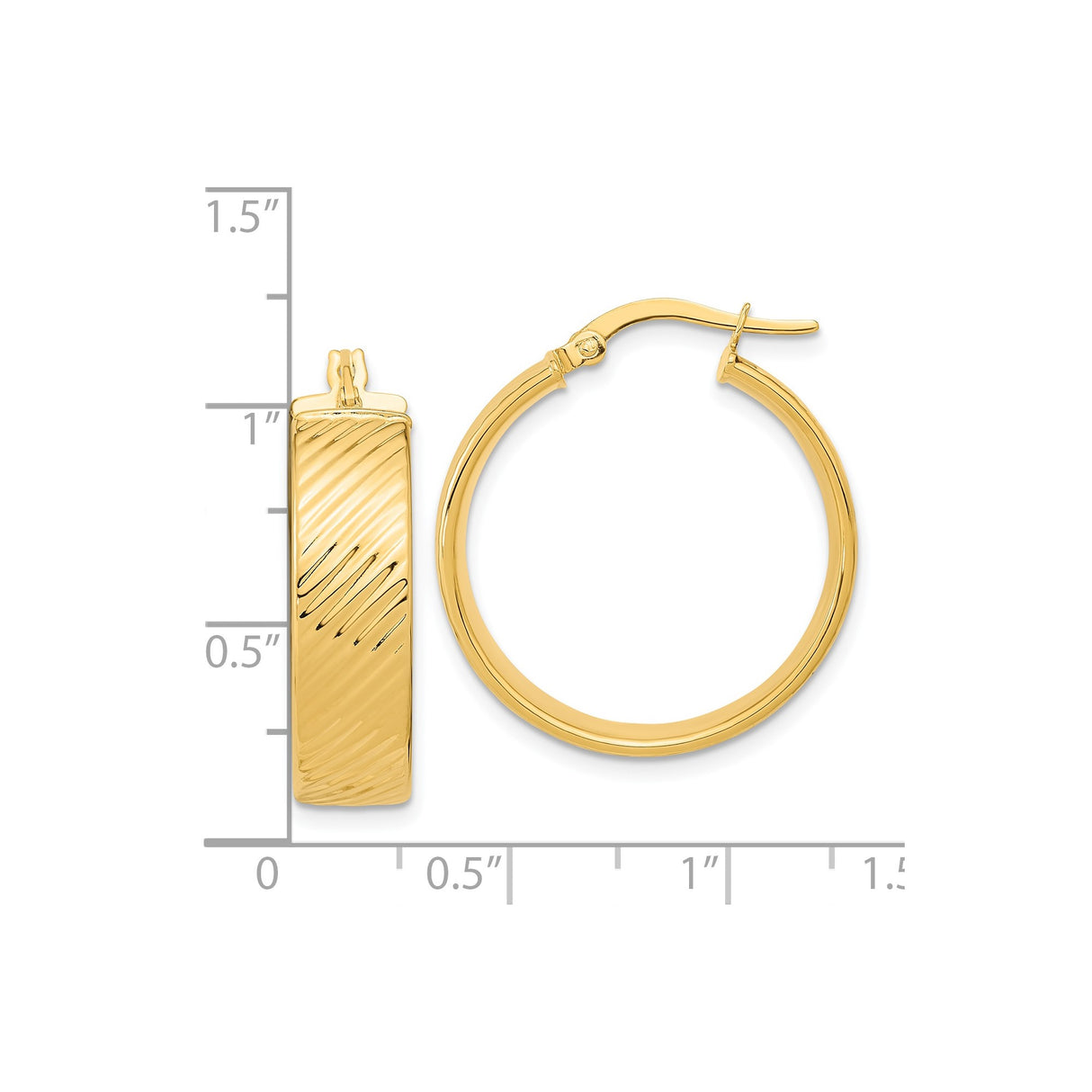 14k Yellow Gold Hoop Earrings, Lightweight Textured Diagonal Line Design